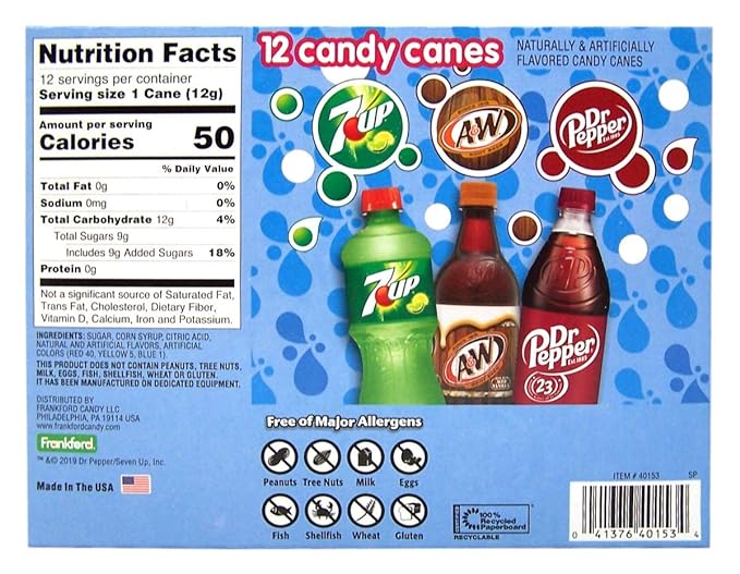 Dr. Pepper, 7 Up, and A&W Flavored Christmas Candy Cane, 5.3 oz