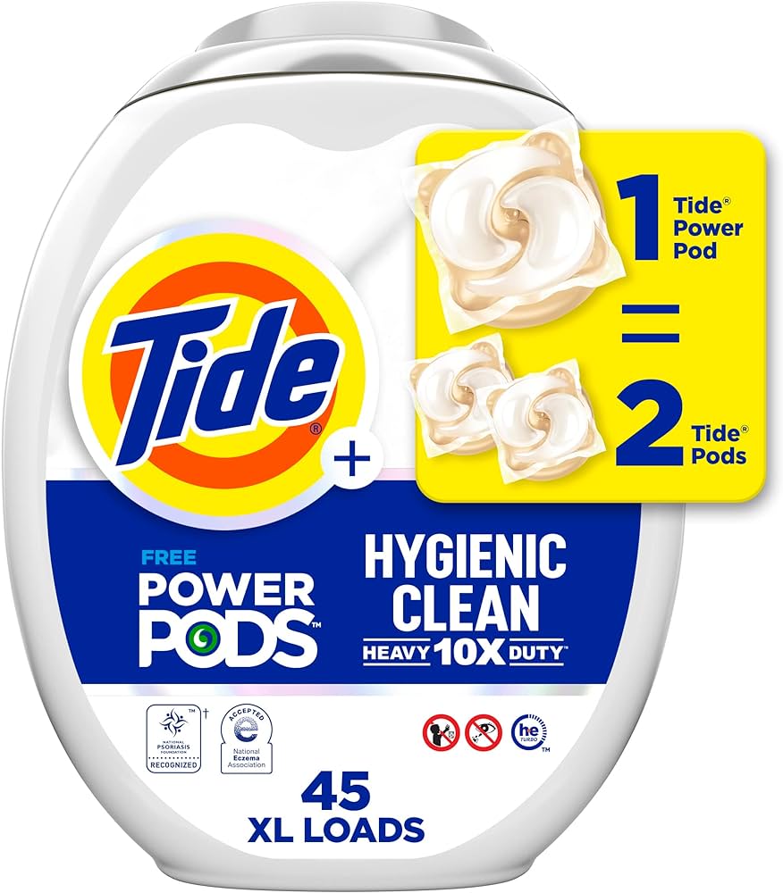 Tide Hygienic Clean Heavy Duty 10x Free Power Pods Liquid Laundry Detergent, White, Unscented, 45 Count
