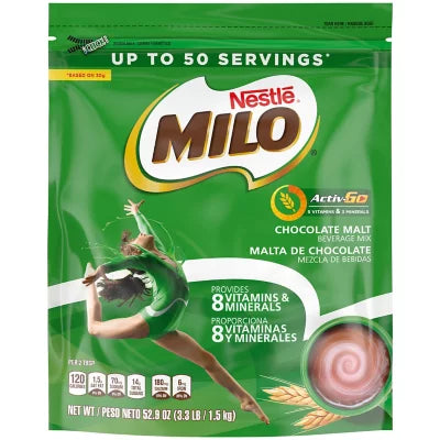 Nestle Milo Activ-Go Chocolate Malt Beverage Mix 3.3Lb Bag 65 Servings